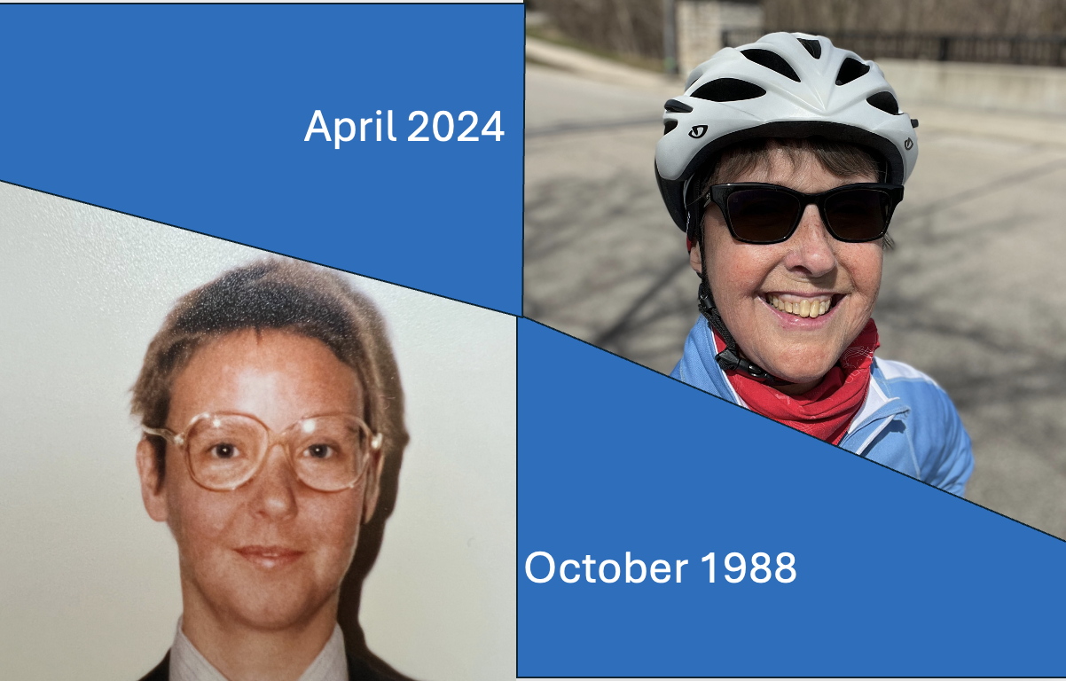 Photos of Margaret Lynch in October 1988 (five months post-transplant) and April 2024 (36 years post transplant) as she trains for Canada's most successful cancer research cycling fundraiser.