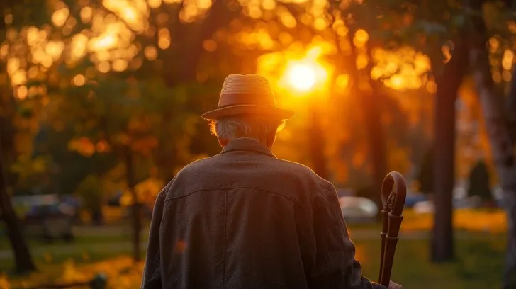 Image of an old man walking towards the sun